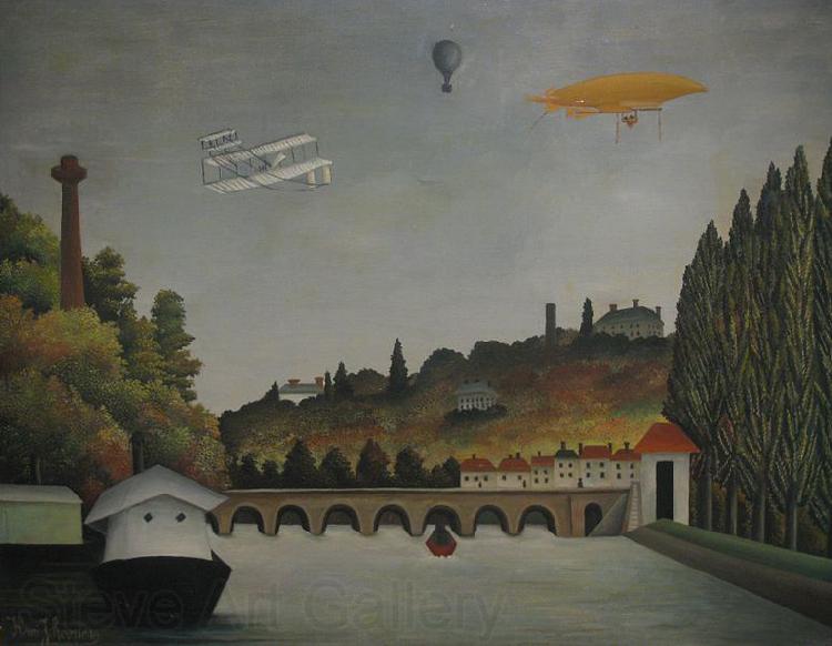 Henri Rousseau View of the Pont Sevres and the Hills of Clamart, Saint-Cloud, and Bellevue with Biplane, Ballon and Dirigible By Henri Rousseau Spain oil painting art